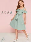 Sea Green Colour Latest Designer Exclusive Fancy Off shoulder frock Westen Style Penguin lycra Kids Wear Collcetion ADAA 01